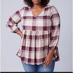 Lane Bryant Plaid Babydoll Tunic Top Burgundy Cream V-Neck Pockets 14/16 NWT
